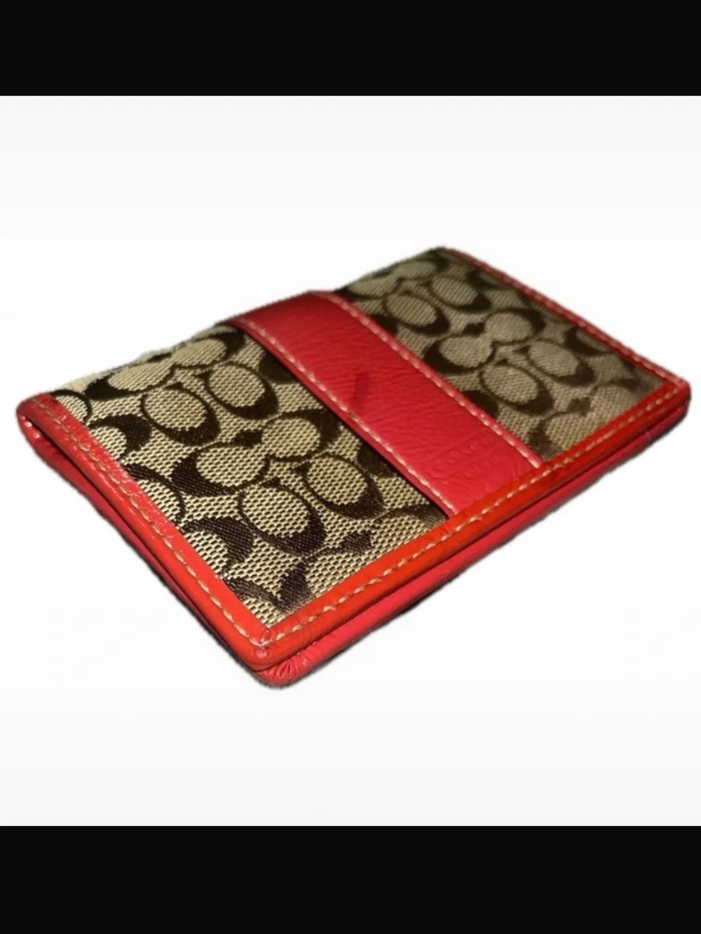 Coach Vintage Signature Canvas Mini Bifold Card Wallet Red/Pink Trim